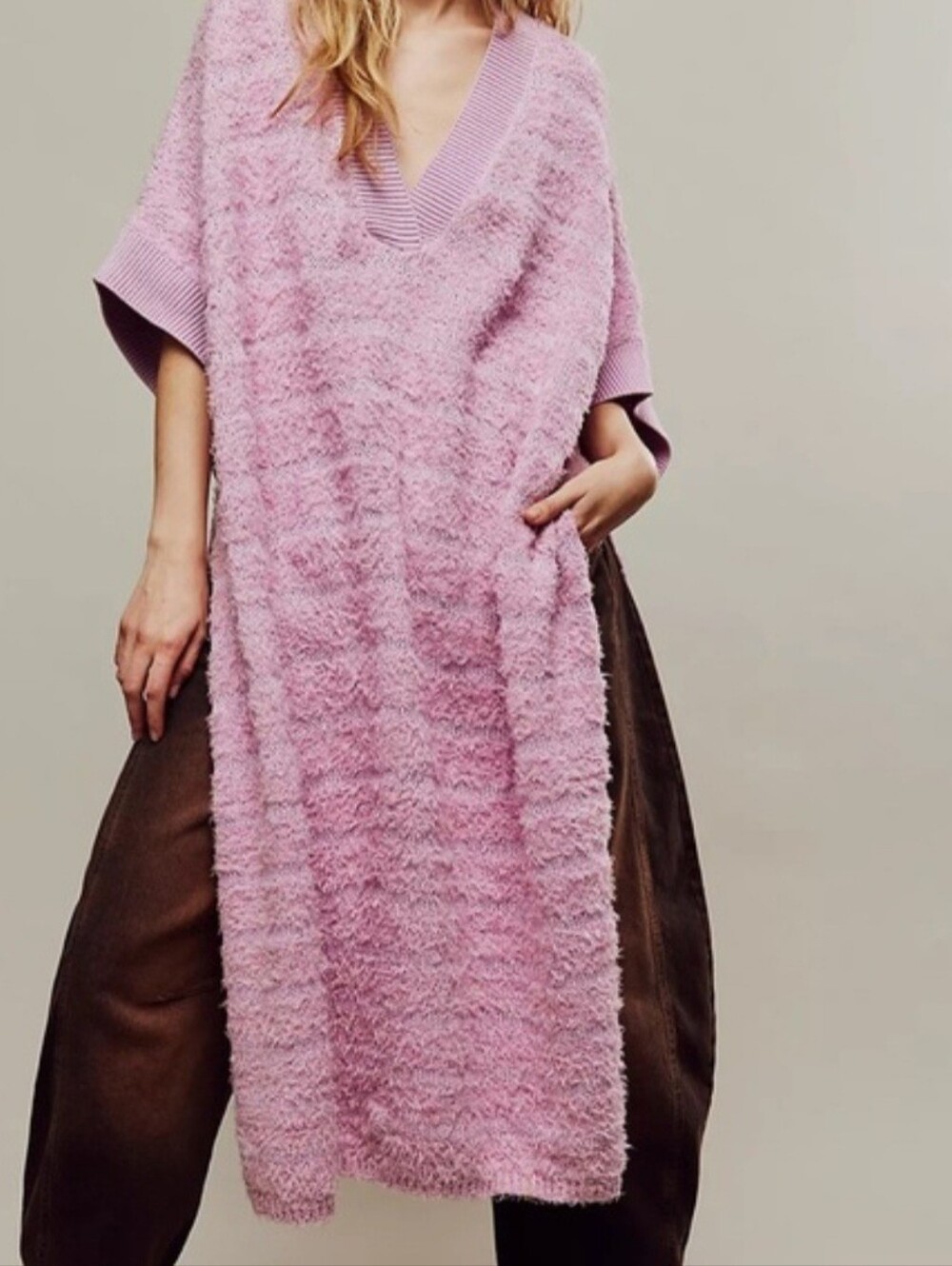 FP Beach Bouclé V-Neck Cap Sleeve Tunic Sweater - Pink/ Lilic M/L